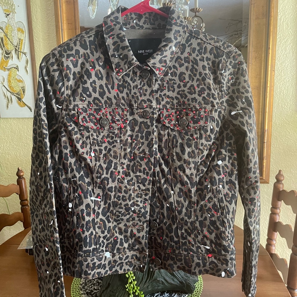 Leopard Denim Hand-painted Sequined ROLLING STONES Jacket Siz Small - Picture 3 of 5